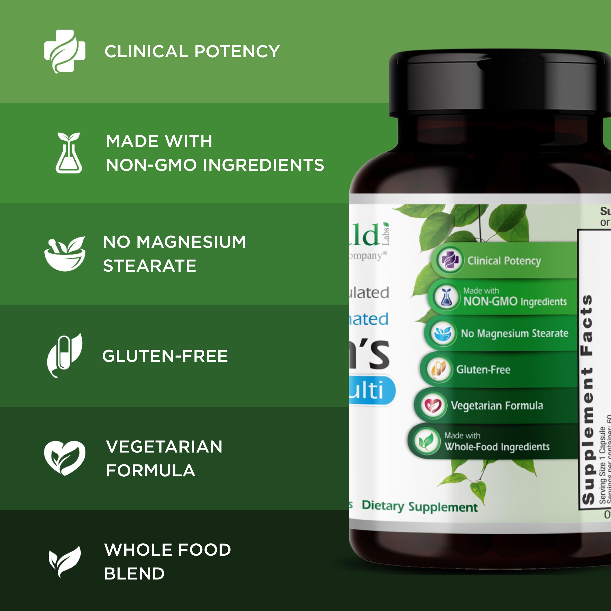 Emerald Labs Men's 1 Daily Multi label closeup emphasizes additive-free formulation.
