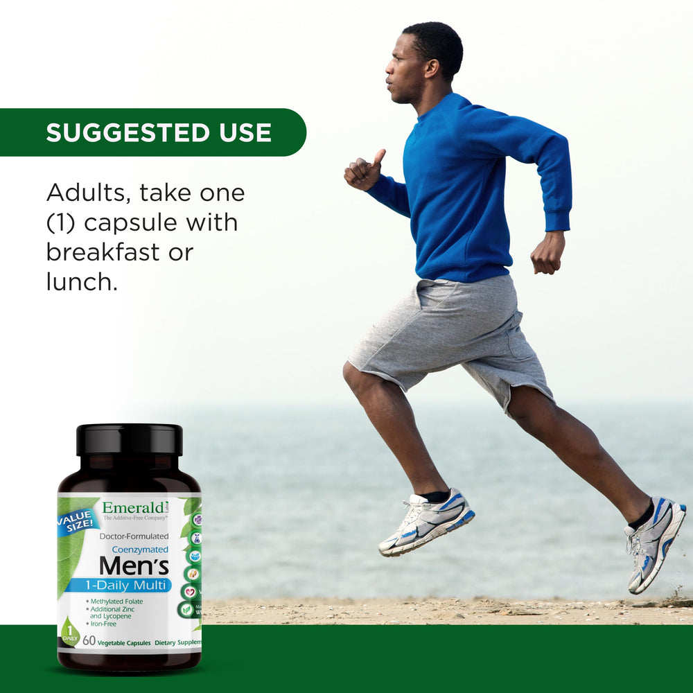 Emerald Labs Men's 1 Daily Multi vitamin D3 illustration signals bone-supporting potential.