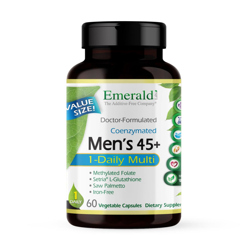 Emerald Labs Men's 45+ 1-Daily Multi bottle cap highlights gluten-free daily immune support