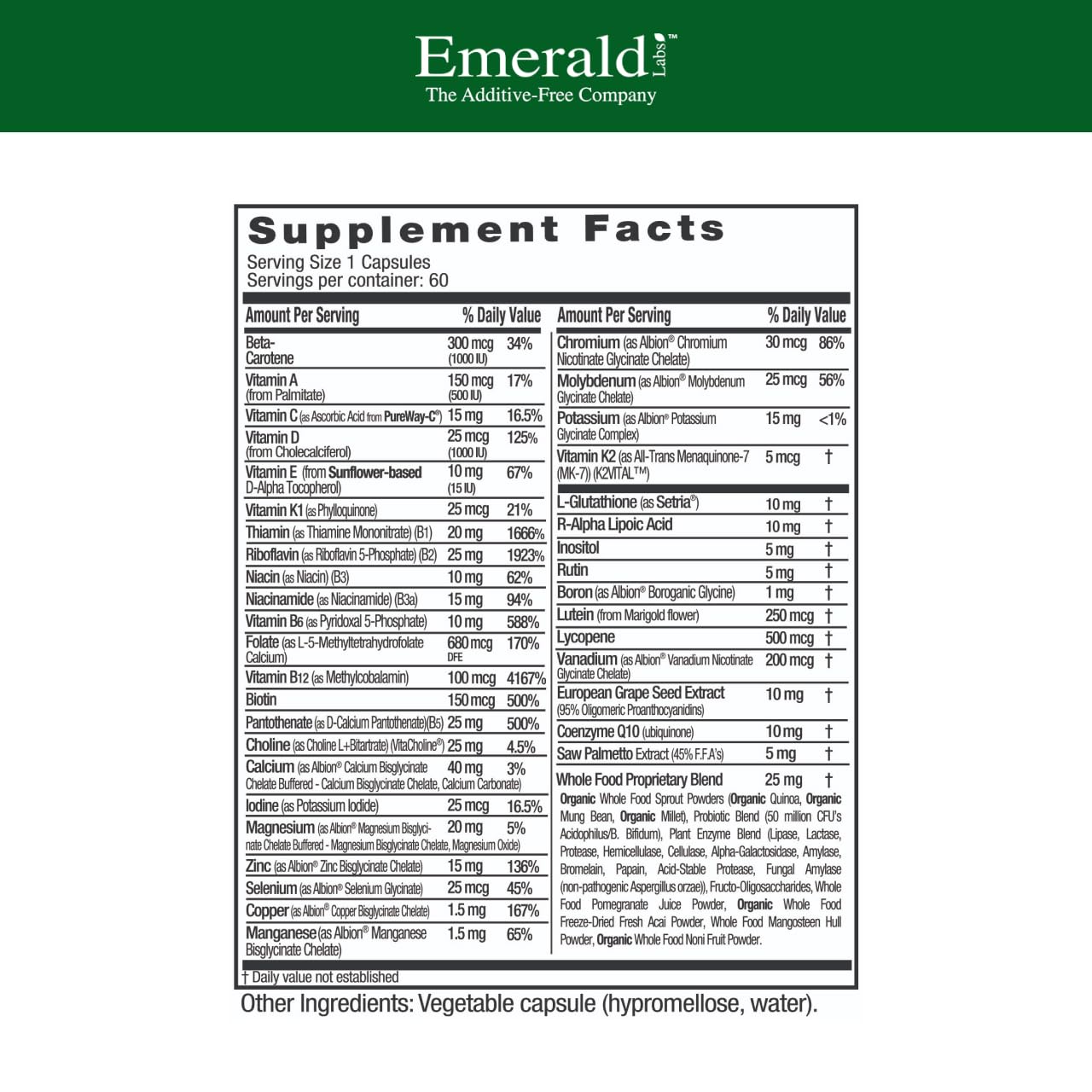 Emerald Labs Men's 45+ 1-Daily Multi capsules ready to support bone and heart health