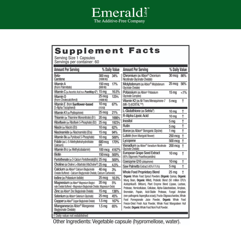 Emerald Labs Men's 45+ 1-Daily Multi capsules ready to support bone and heart health