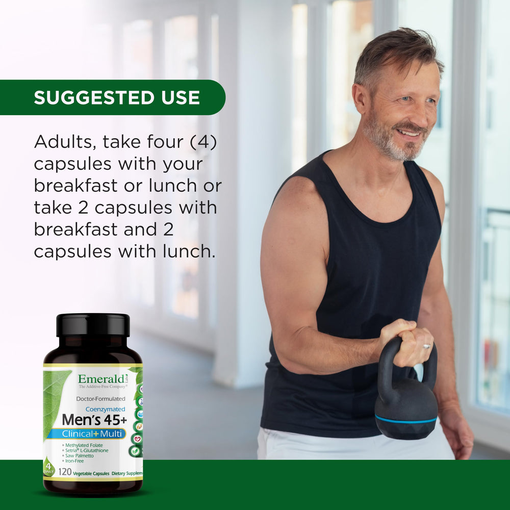 Emerald Labs Men's 45+ multivitamin tablets arranged for everyday wellness