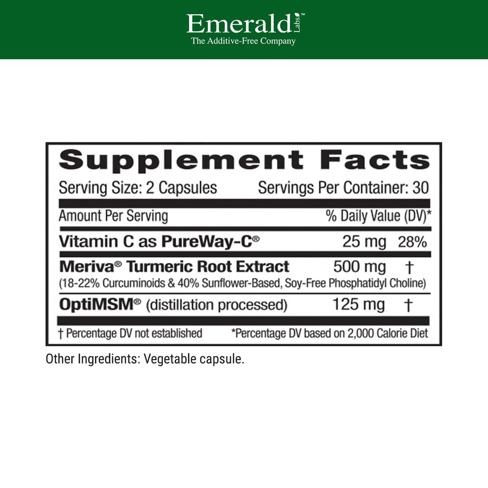 Emerald Labs Meriva Turmeric Plus bottle back with dosage and benefits for joints