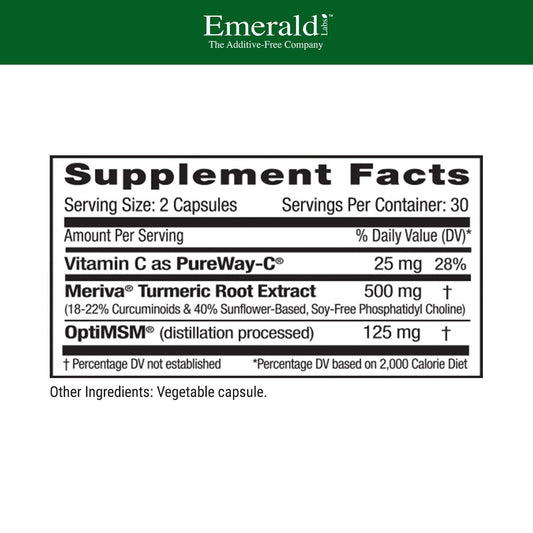 Emerald Labs Meriva Turmeric Plus bottle back with dosage and benefits for joints