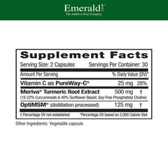 Emerald Labs Meriva Turmeric Plus bottle back with dosage and benefits for joints