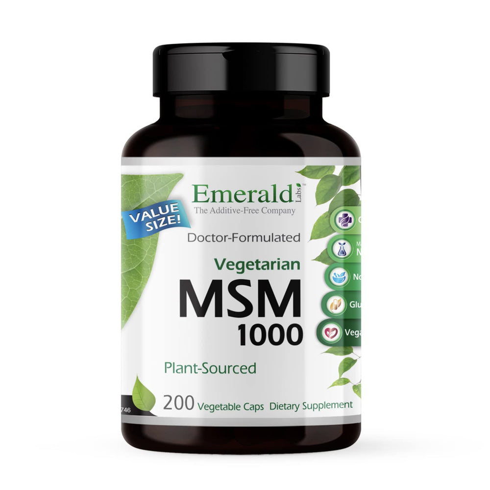 Emerald Labs MSM bottle front for daily joint support and immune health.