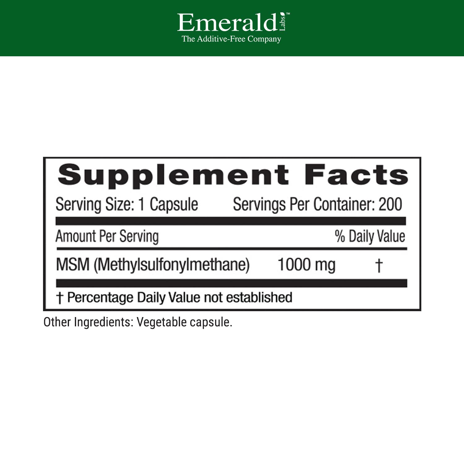 Emerald Labs MSM capsules closeup highlighting 1000mg potency for joints.