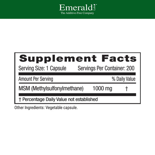 Emerald Labs MSM capsules closeup highlighting 1000mg potency for joints.