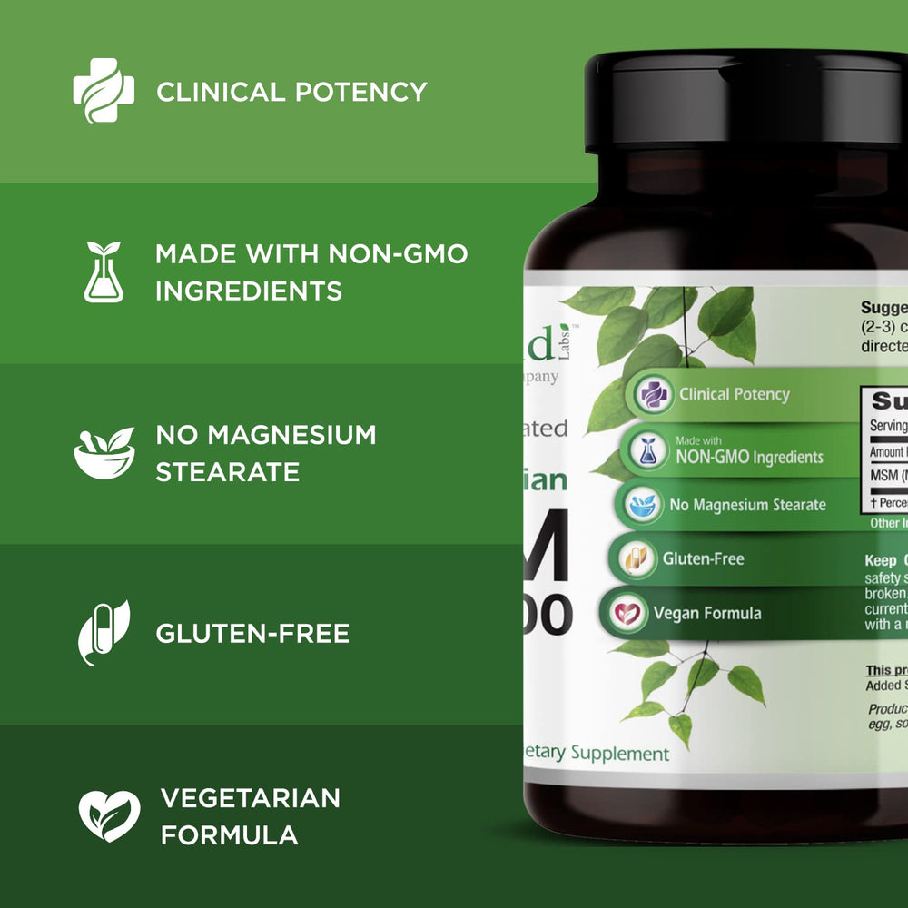 Emerald Labs MSM label detail emphasizes gluten-free and additive-free formula.