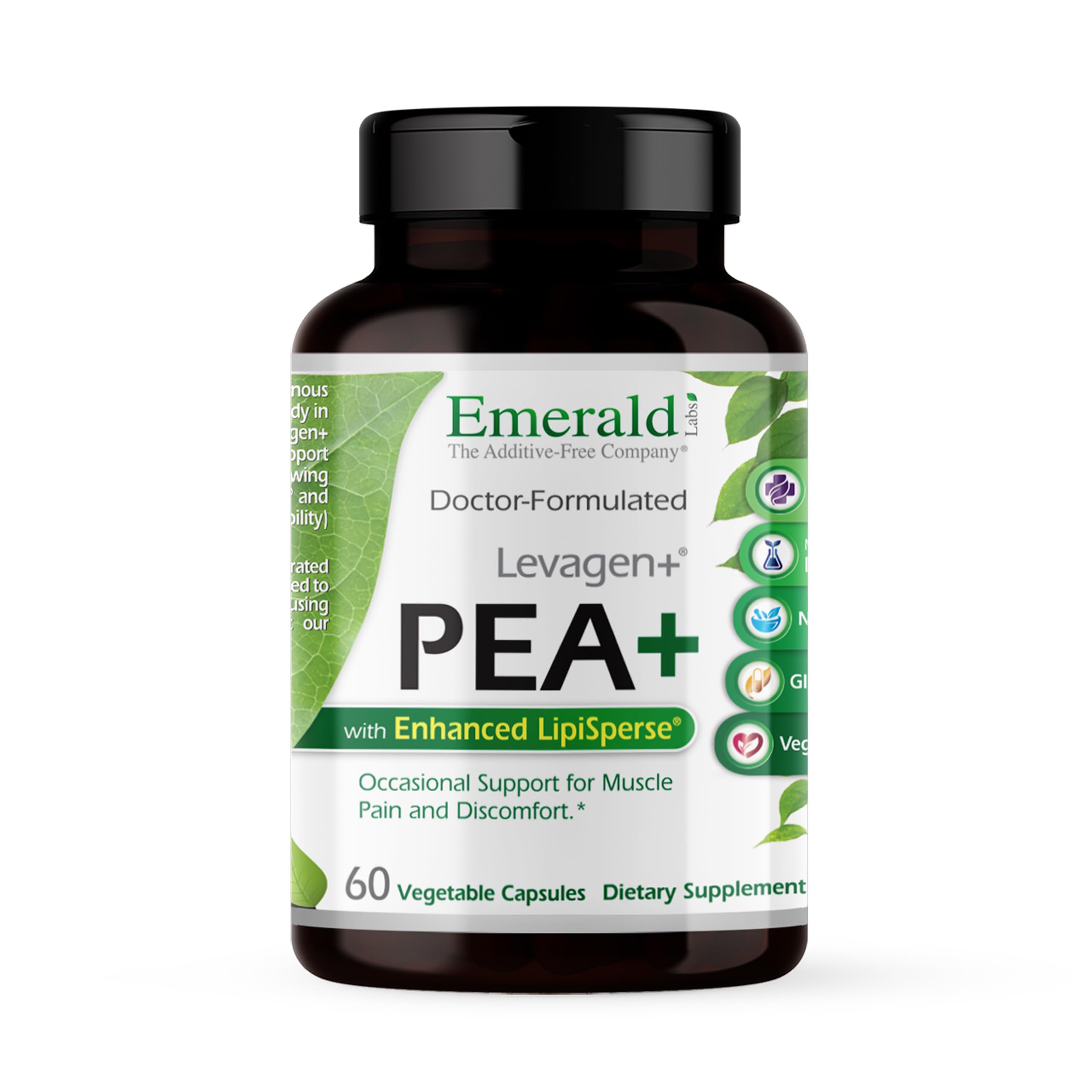 Emerald Labs Pea+ with Levagen+ bottle highlighting joint and muscle support