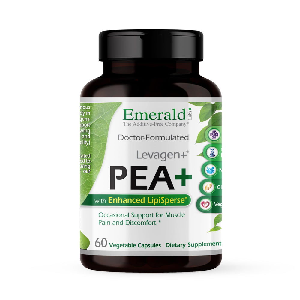 Emerald Labs Pea+ with Levagen+ bottle highlighting joint and muscle support
