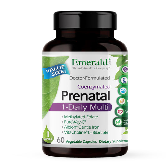 Emerald Labs Prenatal 1-Daily Multi bottle for convenient daily support for mom and baby