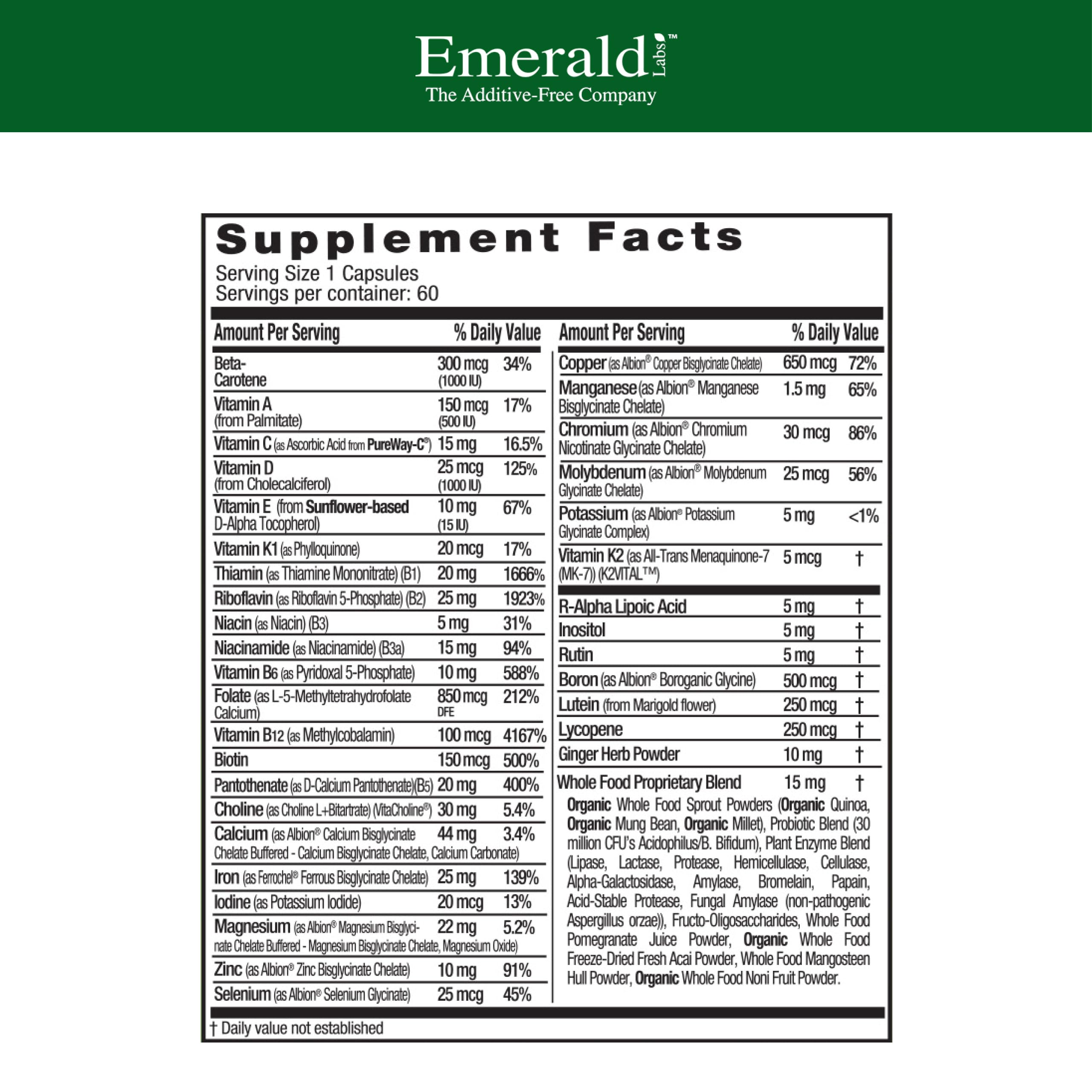 Emerald Labs Prenatal 1-Daily Multi capsules close-up showing vegetable capsules and gentleness