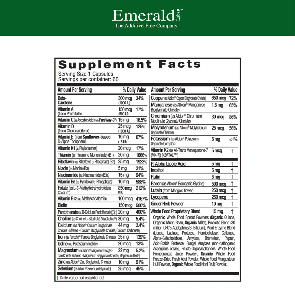 Emerald Labs Prenatal 1-Daily Multi capsules close-up showing vegetable capsules and gentleness
