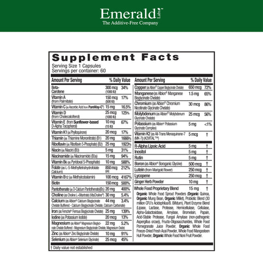 Emerald Labs Prenatal 1-Daily Multi capsules close-up showing vegetable capsules and gentleness
