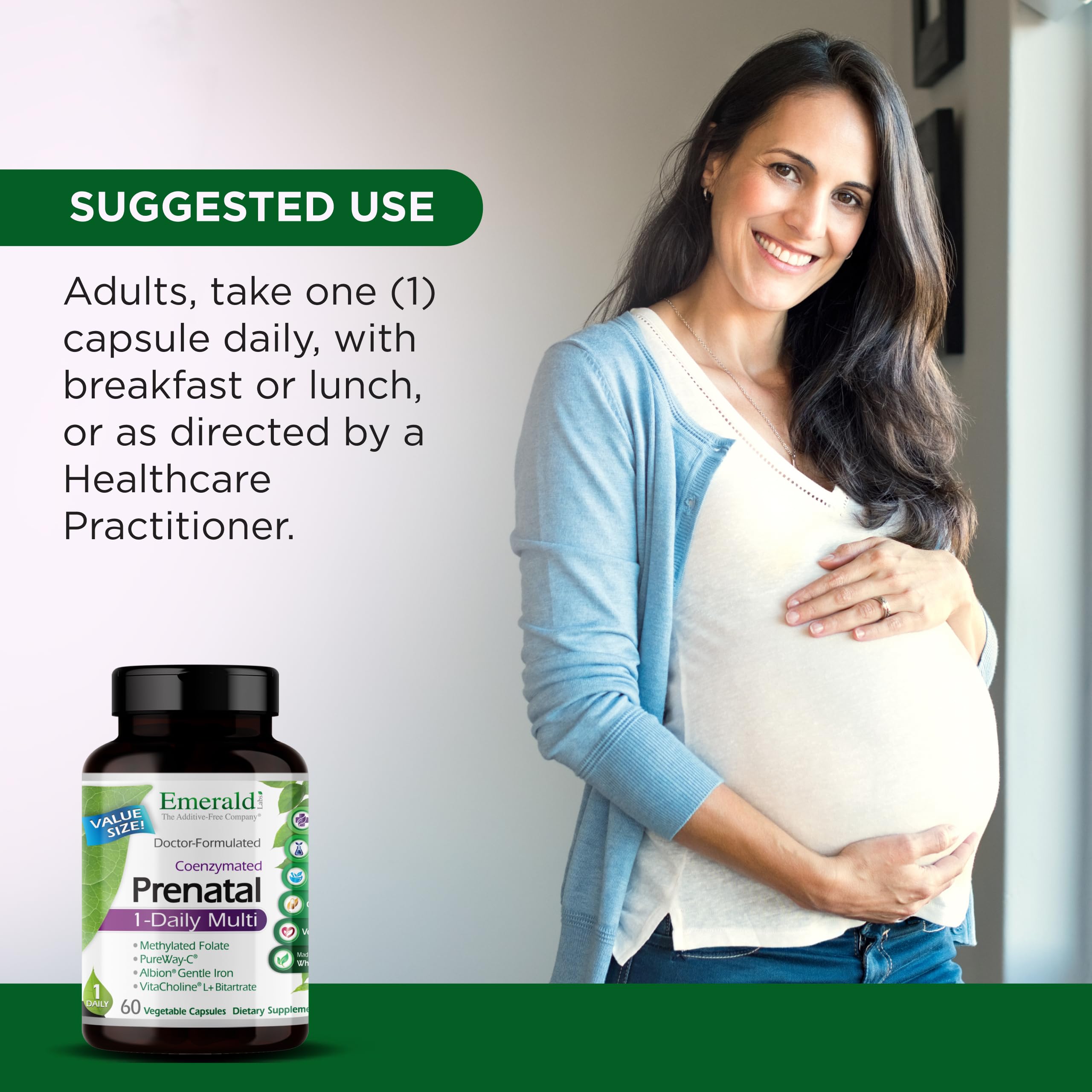 Emerald Labs Prenatal 1-Daily Multi vegetable capsules confirming soy-free and gluten-free formula