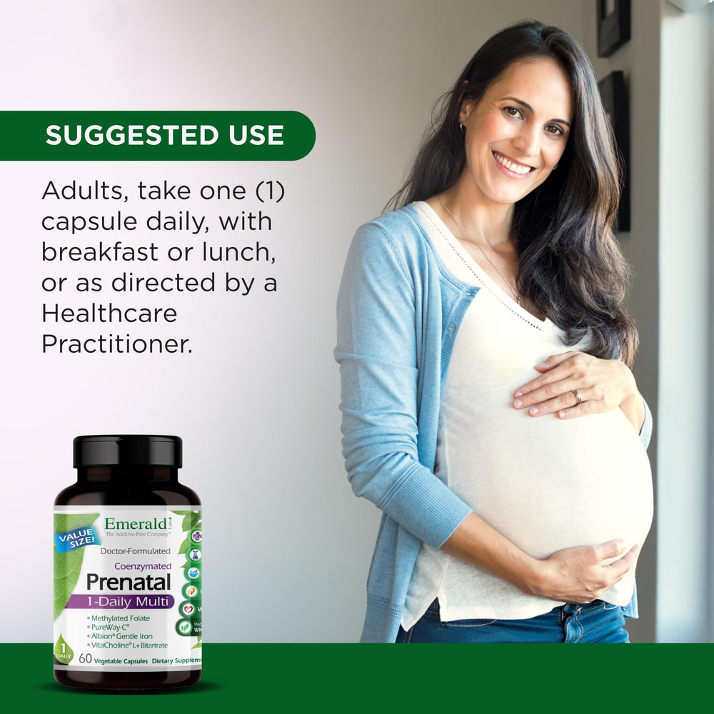 Emerald Labs Prenatal 1-Daily Multi vegetable capsules confirming soy-free and gluten-free formula