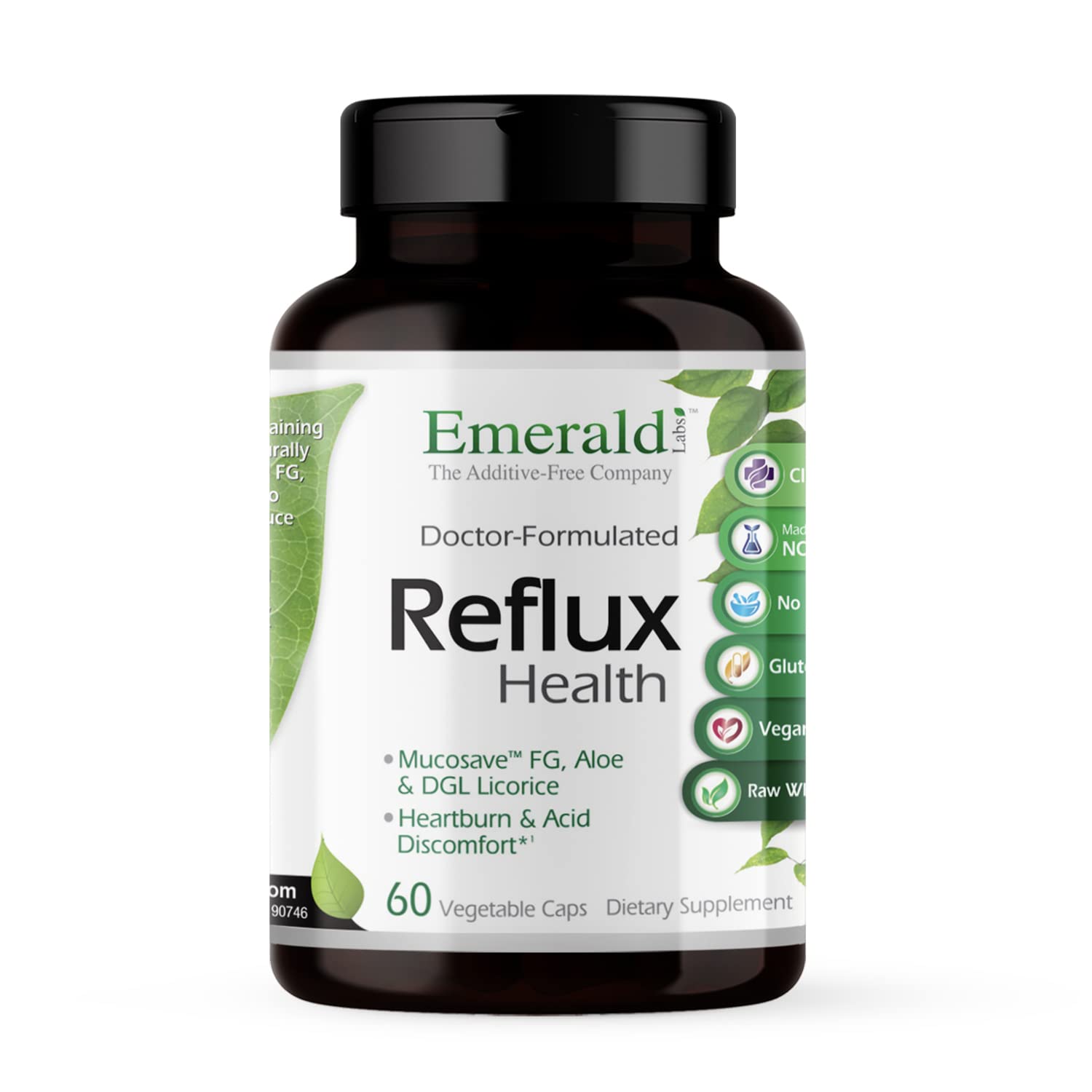 EMERALD LABS Reflux Health bottle showing heartburn support in a vegan capsule.