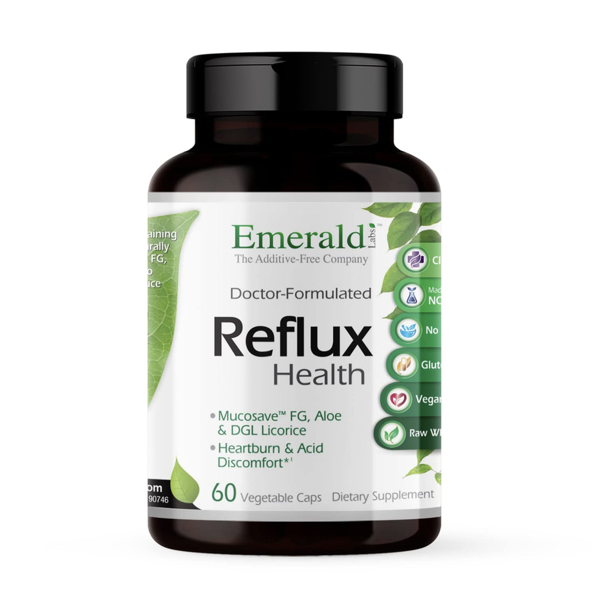 EMERALD LABS Reflux Health bottle showing heartburn support in a vegan capsule.