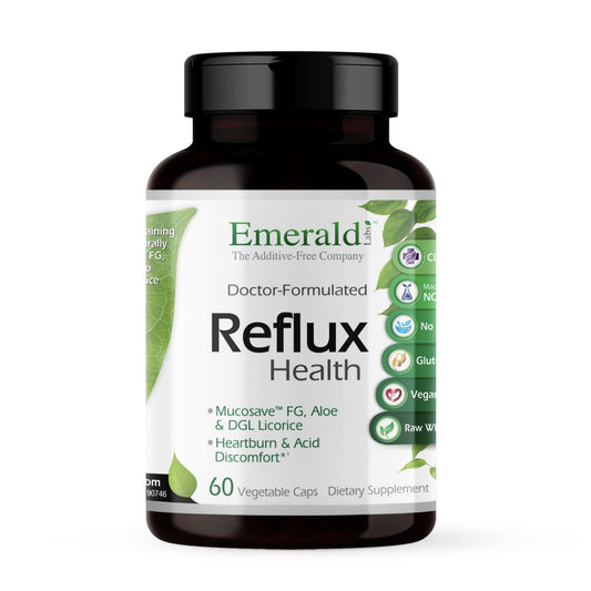 EMERALD LABS Reflux Health bottle showing heartburn support in a vegan capsule.