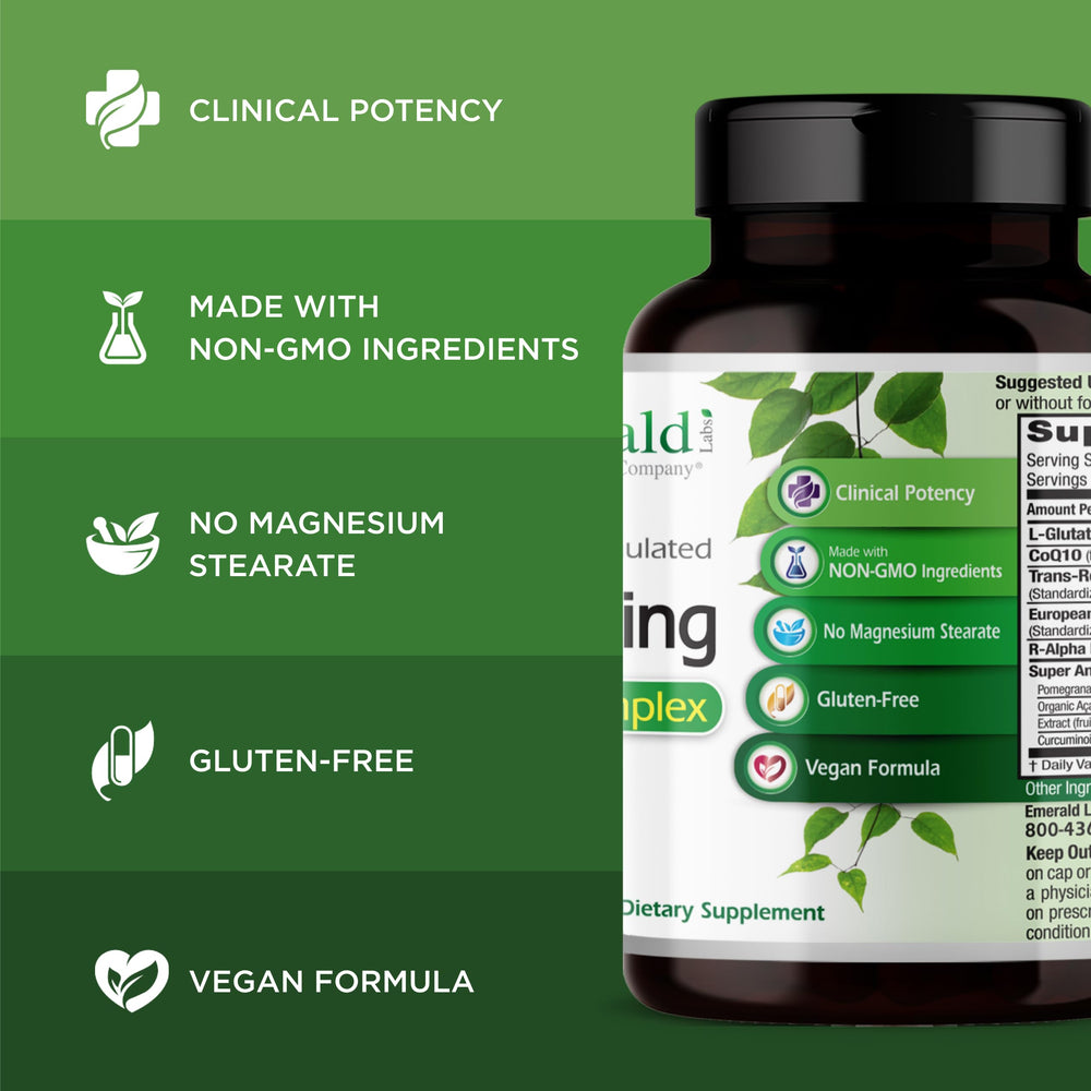 Emerald Labs Setria L-Glutathione bottle closeup emphasizing liver and immune-support ingredients