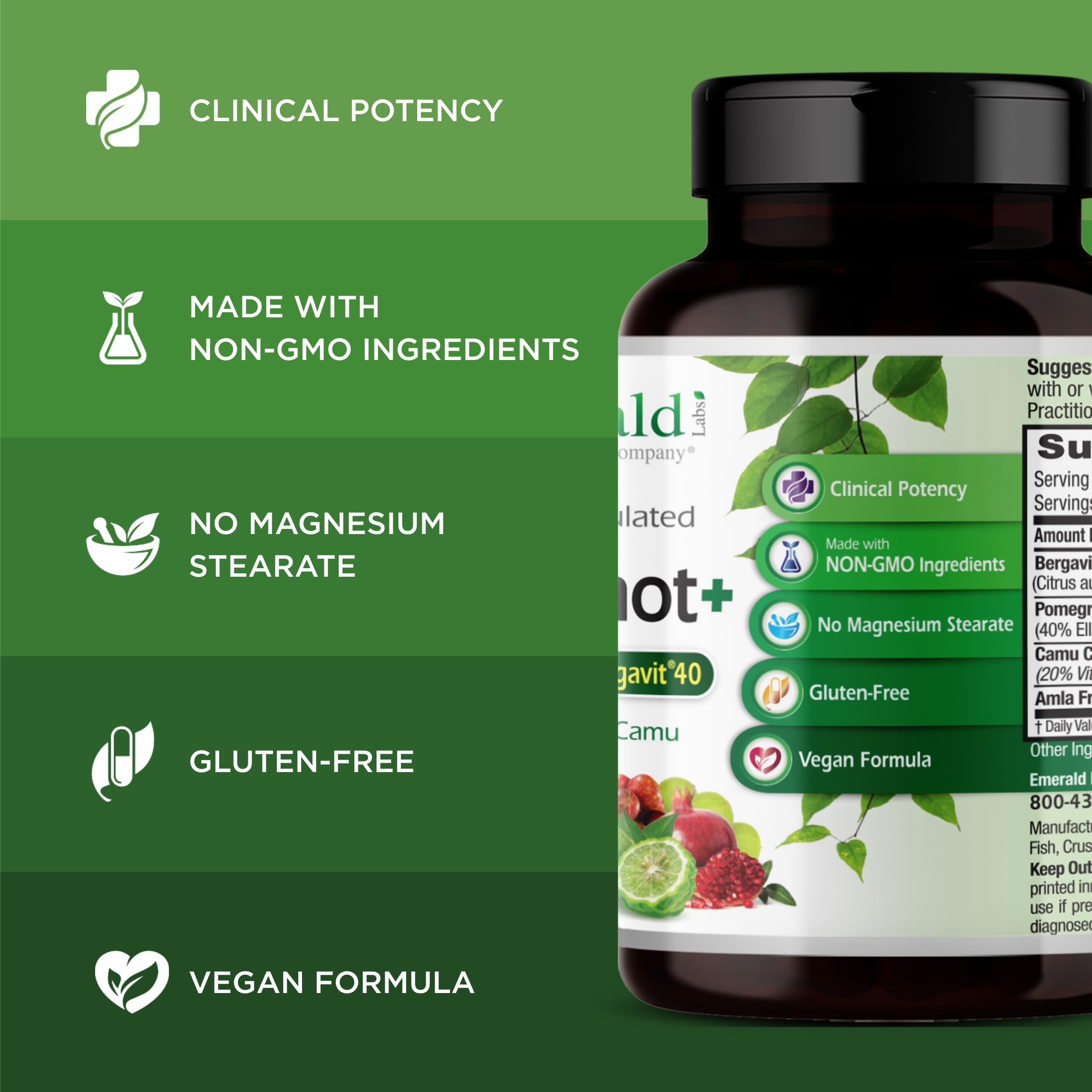 EMERALD LABS Bergamot+ vegan capsules designed for gluten-free daily use.