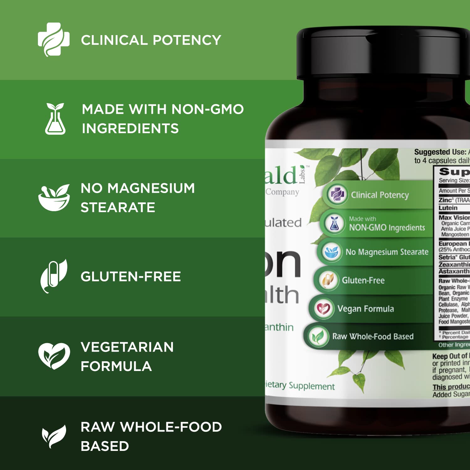 Albion chelated zinc icon shown on Emerald Labs Vision Health canister.