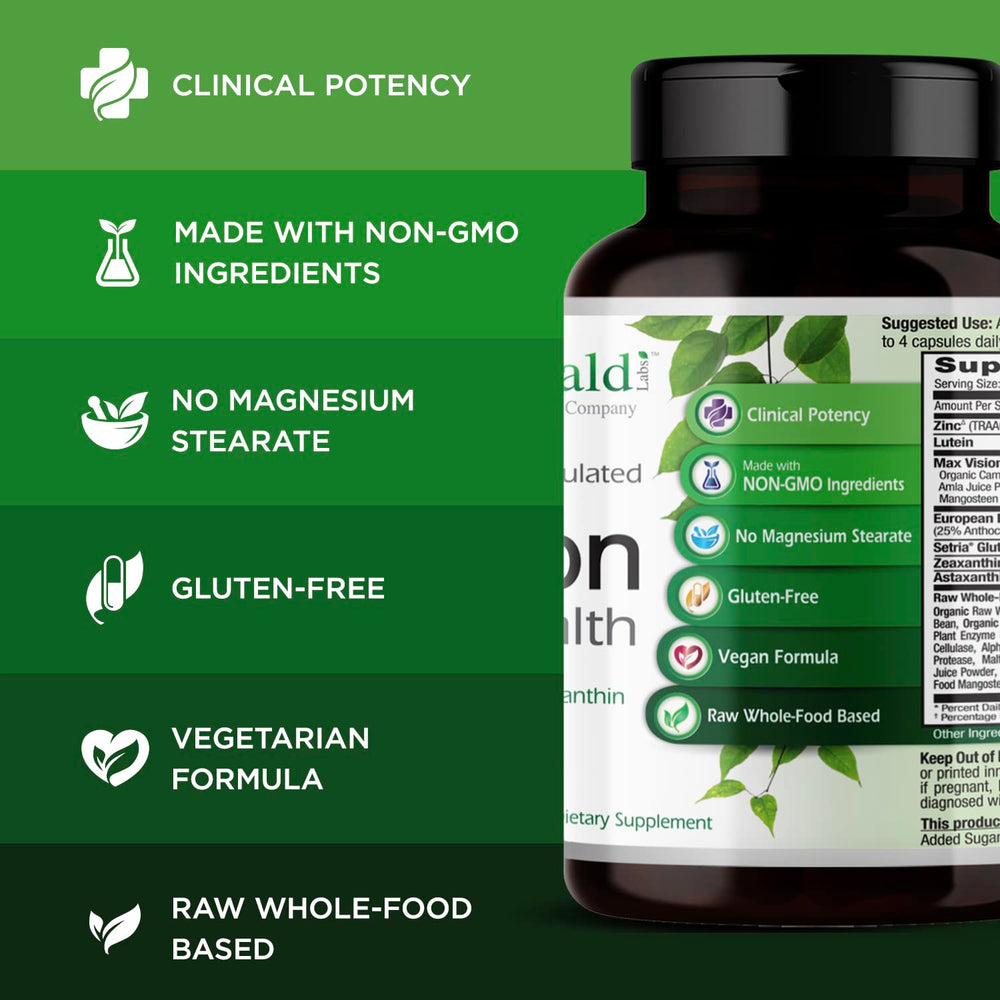 Albion chelated zinc icon shown on Emerald Labs Vision Health canister.