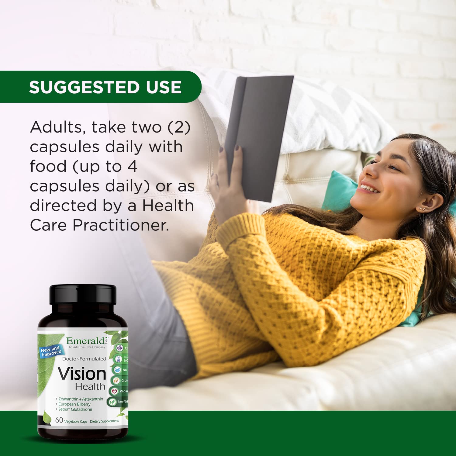 Vegan and gluten-free badge on Emerald Labs Vision Health packaging.