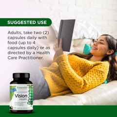 Vegan and gluten-free badge on Emerald Labs Vision Health packaging.