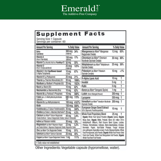 Emerald Labs label close-up showing calcium, D3, and zinc