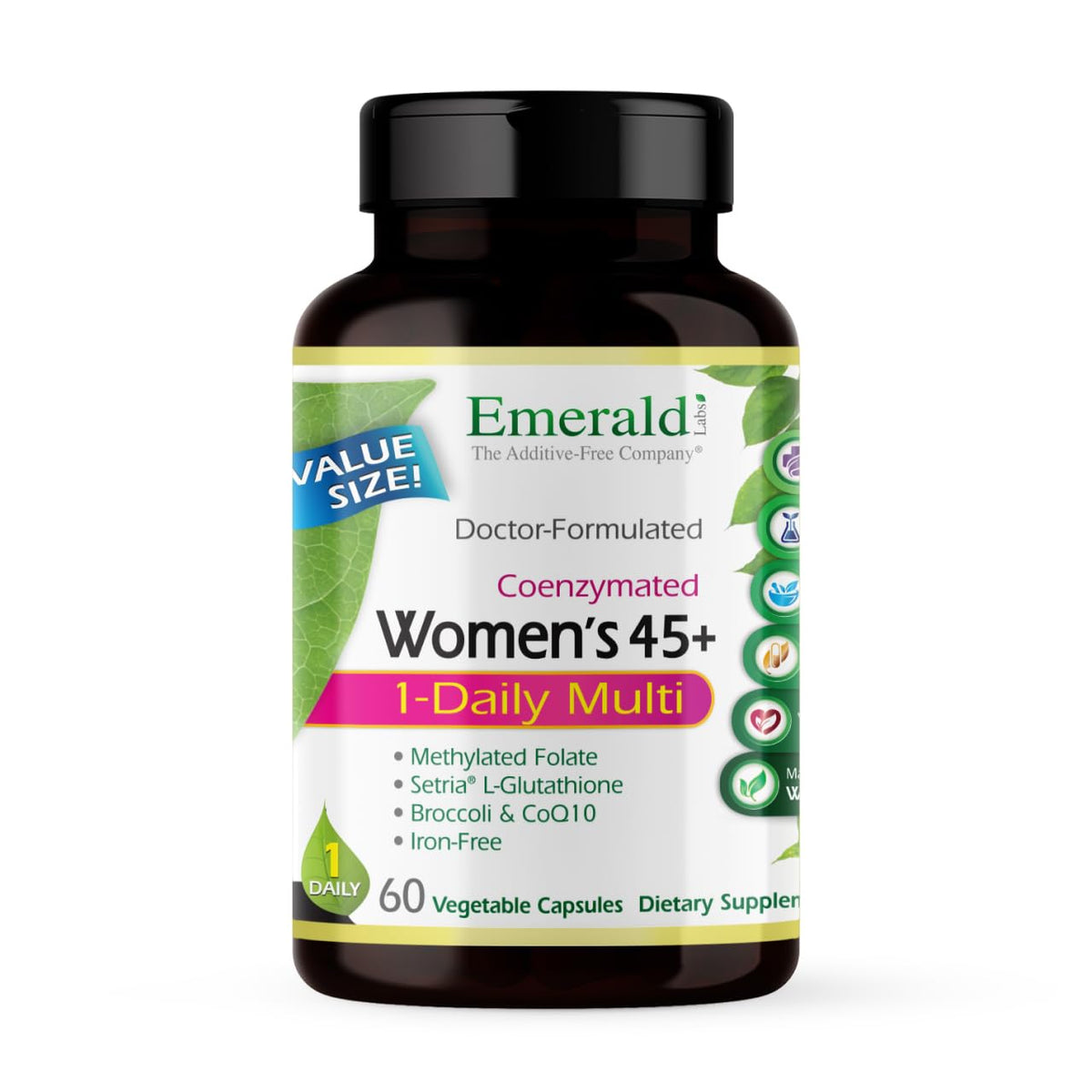 Emerald Labs Women's 45+ 1-Daily Multi bottle front view for daily vitality.