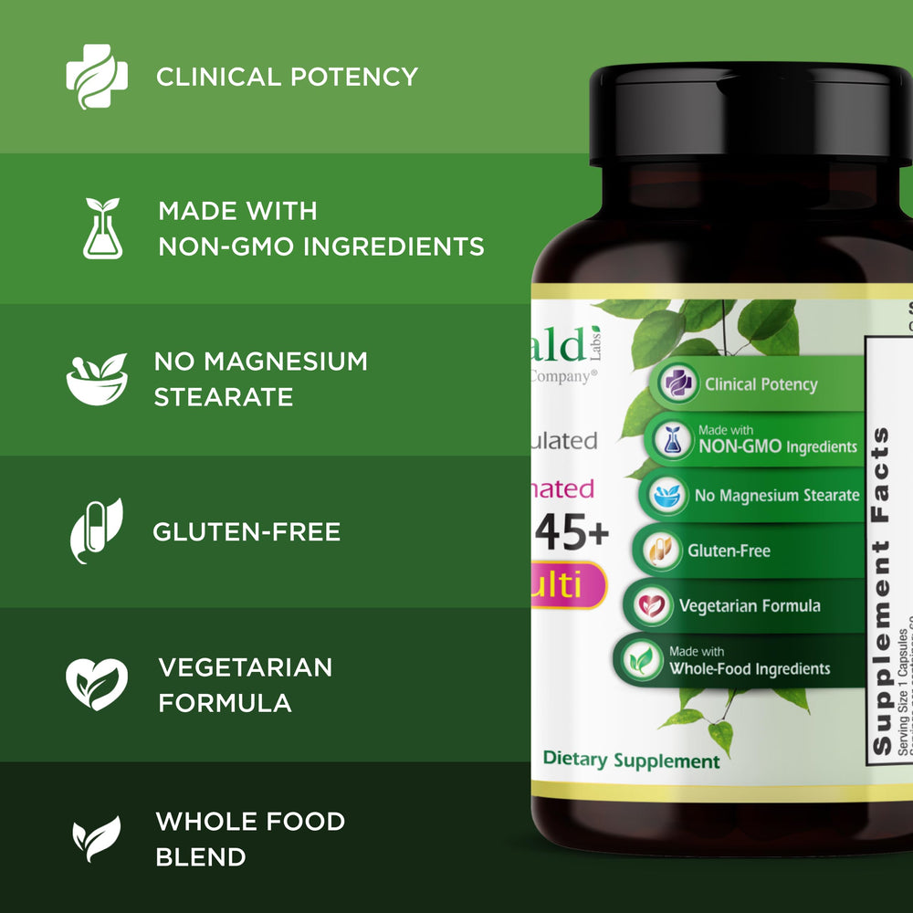 Emerald Labs Women's 45+ bottle illustrating bone and heart health nutrients for mature women.