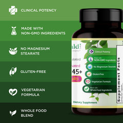 Emerald Labs Women's 45+ bottle illustrating bone and heart health nutrients for mature women.