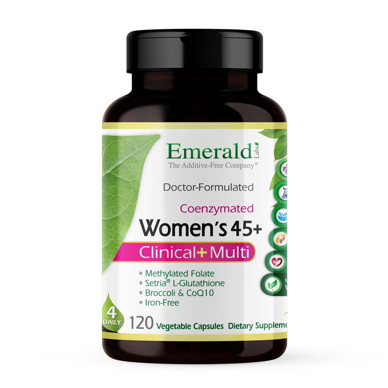 Emerald Labs Women's 45+ Multi bottle showing a complete gluten-free multivitamin for bone support