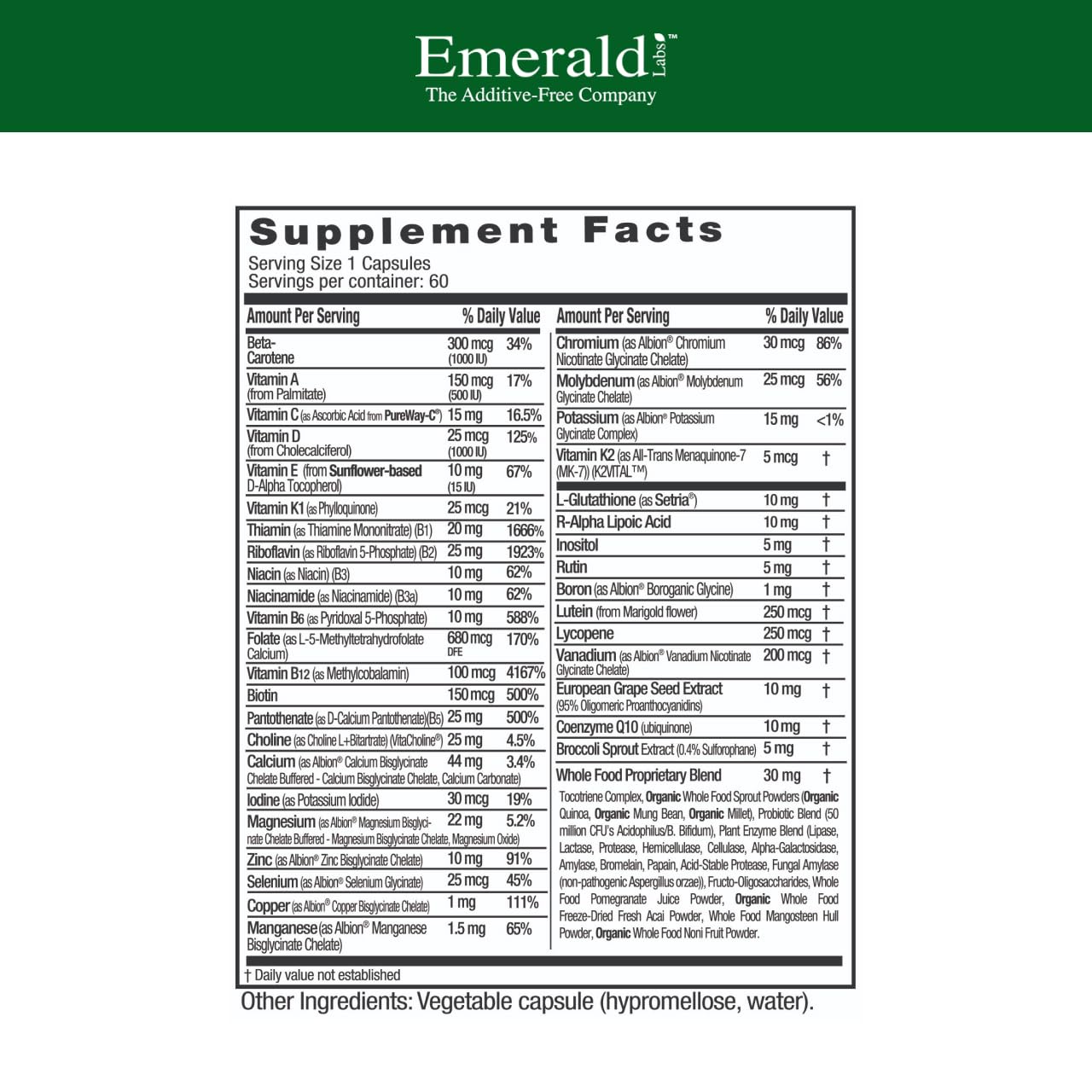 Close-up of Emerald Labs Women's 45+ multivitamin tablets for easy dosing.