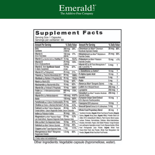 Close-up of Emerald Labs Women's 45+ multivitamin tablets for easy dosing.