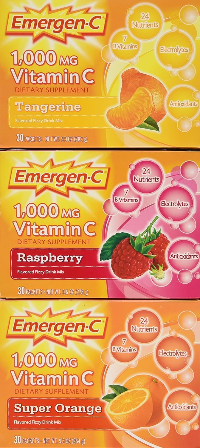 Emergen-C 1000 mg vitamin C packets front view – ideal for on-the-go hydration with flavor variety.