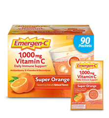 Emergen-C 1000mg vitamin C powder packets dissolve in water for daily immune support.