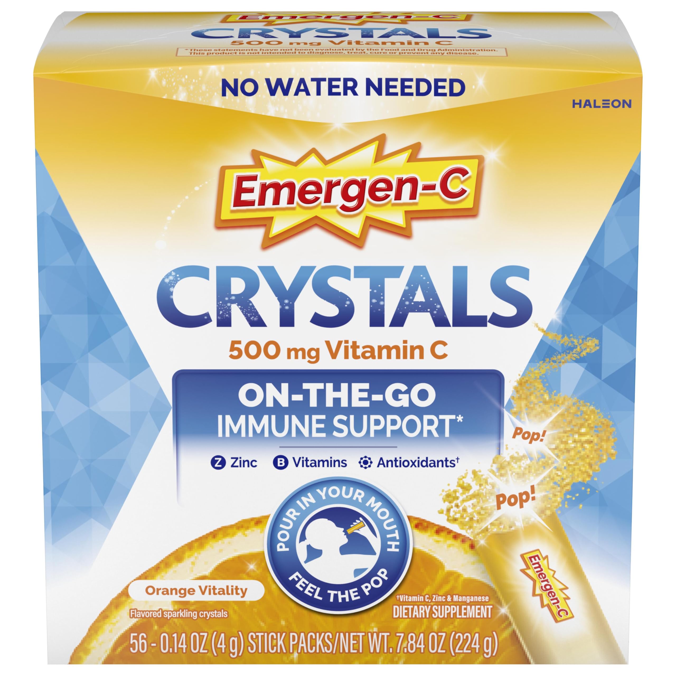 Emergen-C Crystals orange vitality stick-pack for on-the-go immune support.