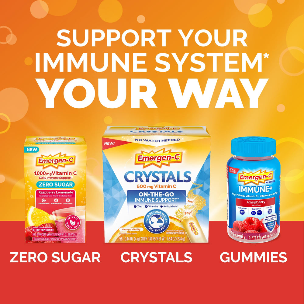 Emergen-C dissolves quickly in water for a fizzy raspberry drink.