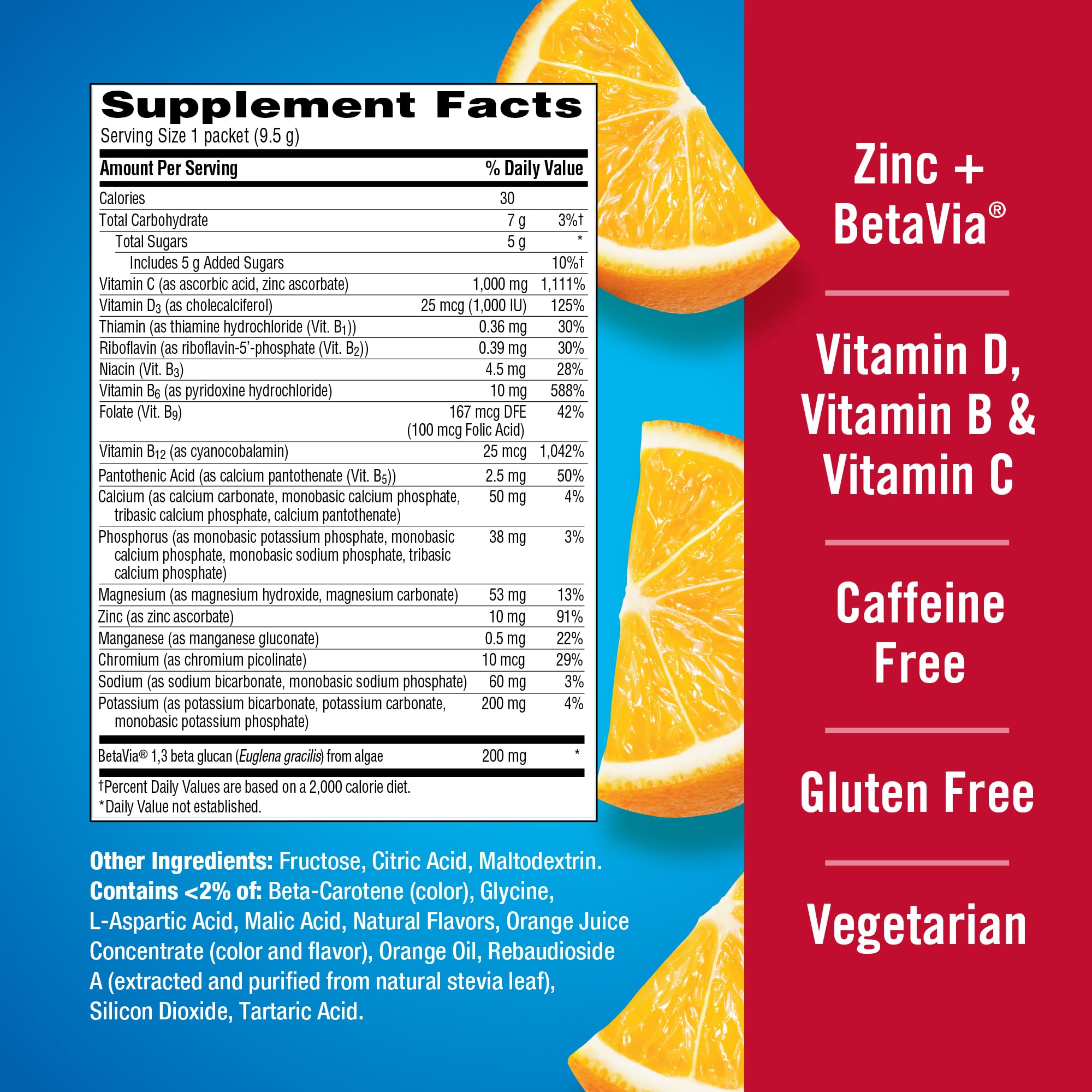 Label shows 1000mg Vitamin C per serving on Emergen-C Immune+
