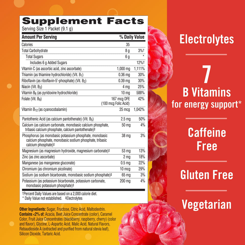 Emergen-C natural fruit flavor in Raspberry variety adds daily pleasure.