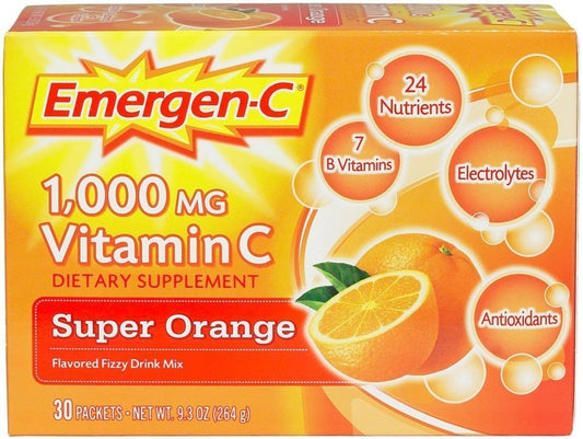 Emergen-C Super Orange powder dissolving in water for a convenient daily vitamin boost