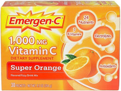 Emergen-C Super Orange powder dissolving in water for a convenient daily vitamin boost