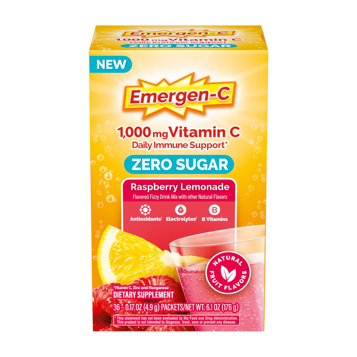 Emergen-C Zero Sugar raspberry lemonade packet dissolving for a refreshing immune-support drink.