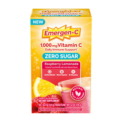 Emergen-C Zero Sugar raspberry lemonade packet dissolving for a refreshing immune-support drink.