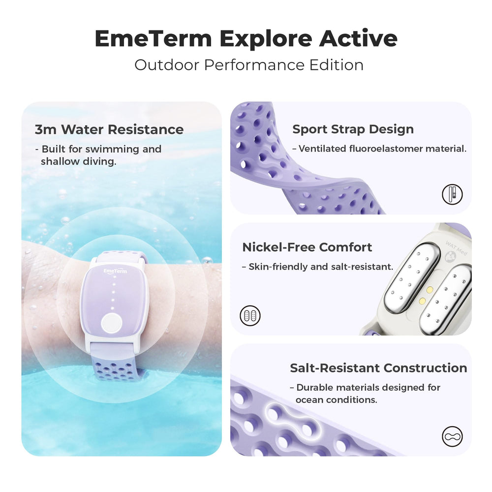 Close-up of EmeTerm Explore front view showing sleek, wearable design for pregnancy nausea.