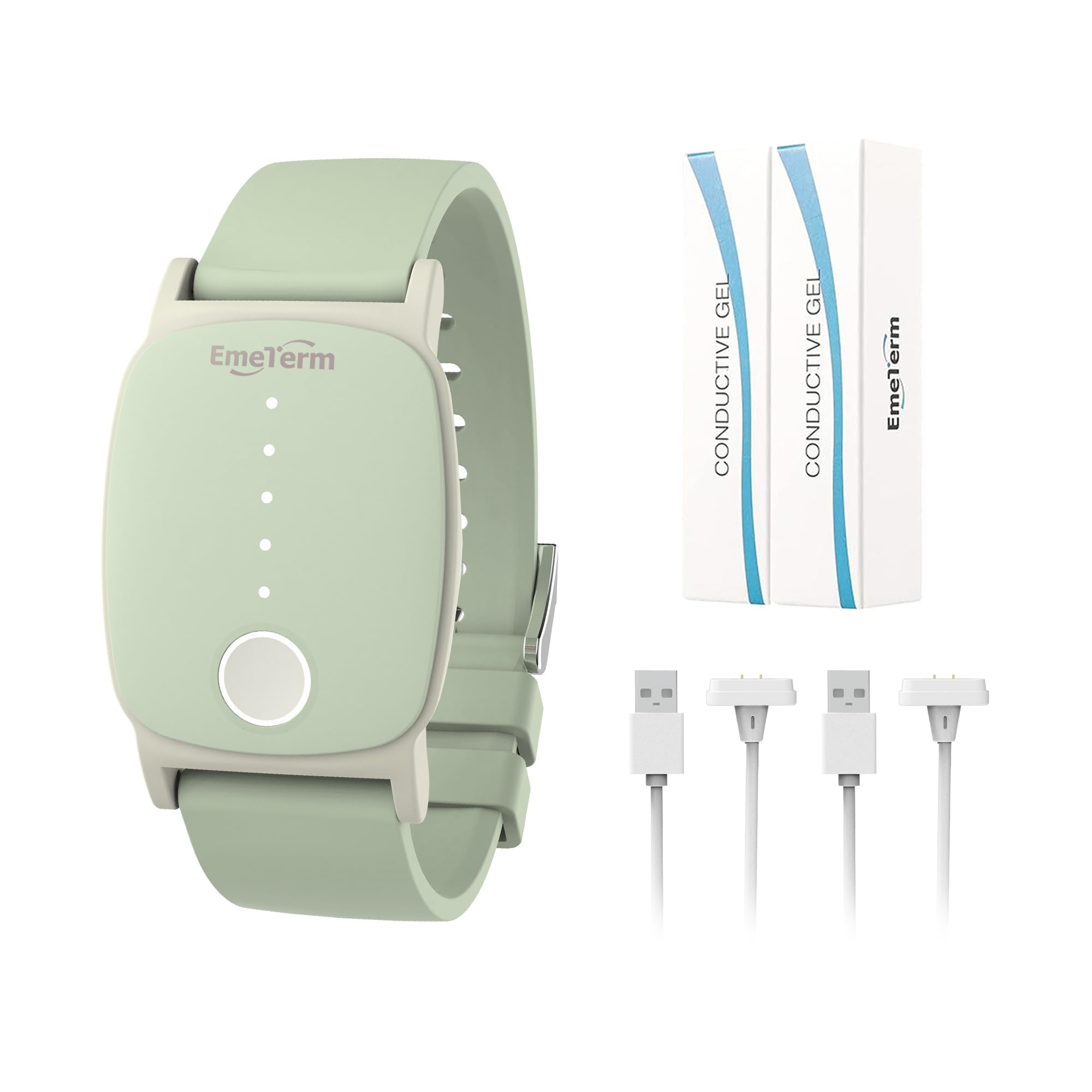 EmeTerm Explore mint green anti-nausea wristband with charging cables for motion-related nausea relief