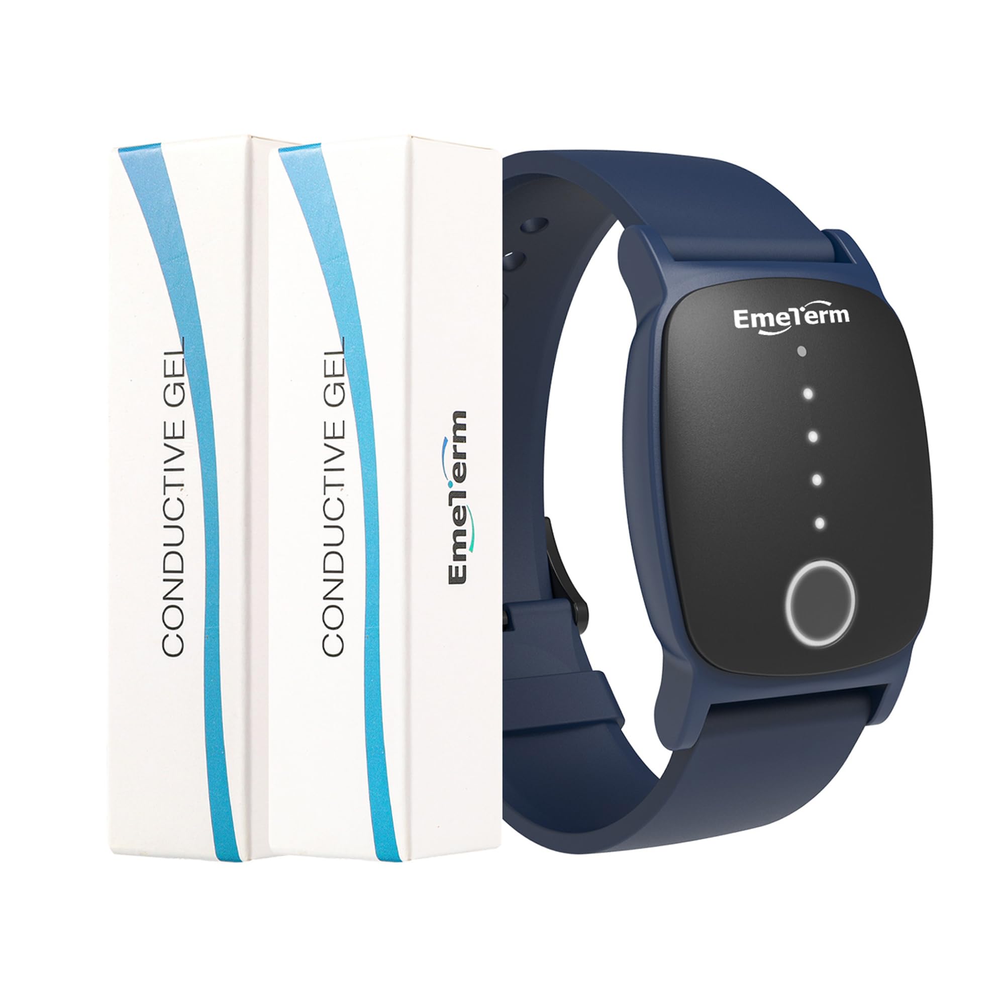 EmeTerm Explore wristband front view in navy for on-wrist nausea relief.